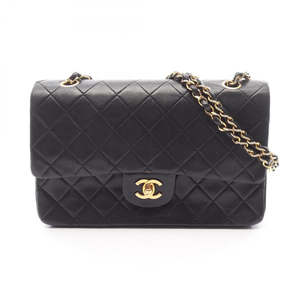Chanel Matelasse Double Flap Shoulder Bag Lambskin Sheepskin Black